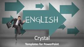 Presentation with english - Slide deck enhanced with word english and happy businessman in a hury against blue arrows pointing background and a gray colored foreground