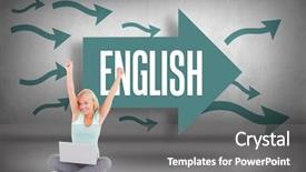  Presentation with english - Presentation design having word english and joyful woman background and a gray colored foreground