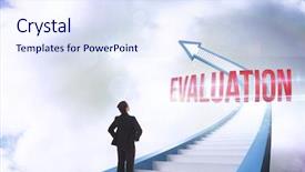  Presentation with evaluation - Slide set enhanced with word evaluation and businesswoman with hands on hips against red staircase arrow pointing up against sky background and a sky blue colored foreground