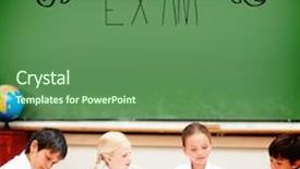  Presentation with exam - Beautiful PPT layouts featuring word exam against cute pupils sitting at desk backdrop and a ocean colored foreground