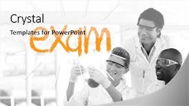  Presentation with exam - Slide set having word exam against scientists working in laboratory background and a white colored foreground