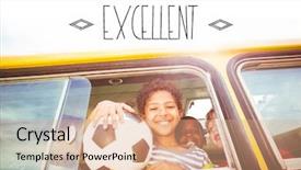  Presentation with school bus - Colorful PPT theme enhanced with word excellent against cute pupils smiling at camera in the school bus backdrop and a coral colored foreground