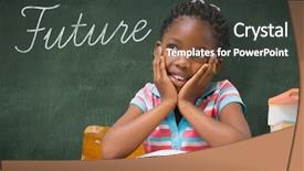  Presentation with pupil - Cool new PPT theme with word future and pupil sitting at her desk against green chalkboard backdrop and a dark gray colored foreground