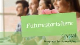  Presentation with future - Slide deck consisting of word future starts here and hand showing card against smiling friends students talking and writing background and a mint green colored foreground