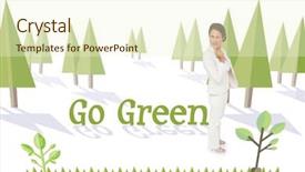  Presentation with green earth - Theme featuring word go green and thinking businesswoman against forest with earth tree background and a cream colored foreground