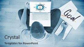 Presentation with goal - Amazing slide set having word goal and interface against young creative businessman working on laptop backdrop and a light blue colored foreground
