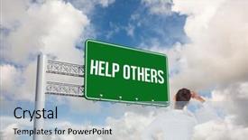  Presentation with blue sky - Presentation theme with word help others and businesswoman scratching her head against blue sky with white clouds background and a light blue colored foreground