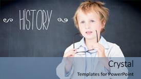  Presentation with black teacher - Audience pleasing PPT layouts consisting of word history against boy dressed as teacher in front of black board backdrop and a teal colored foreground