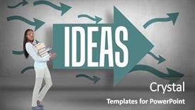  Presentation with ideas - Slides consisting of word ideas and side view of young woman carrying a pile of books against arrows pointing background and a gray colored foreground