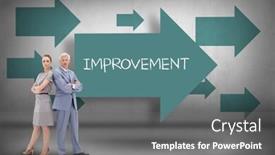  Presentation with improvement - PPT theme with word improvement and serious businessman standing back to back with a woman against blue arrows pointing background and a gray colored foreground