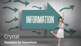  Presentation with classy - Audience pleasing presentation theme consisting of word information and happy and classy brunette posing against arrows pointing backdrop and a gray colored foreground