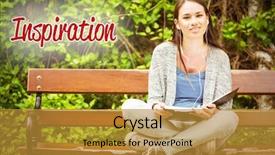  Presentation with music book - Beautiful slide set featuring word inspiration against smiling student sitting on bench listening music with mobile phone and holding book backdrop and a gold colored foreground