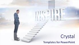  Presentation with inspire - Presentation theme enhanced with word inspire and smiling businessman standing against white steps leading to closed door background and a sky blue colored foreground