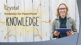  Presentation with knowledge - Cool new theme with word knowledge against smiling blonde in glasses using tablet pc backdrop and a lemonade colored foreground
