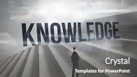  Presentation with knowledge - Cool new PPT layouts with word knowledge and serious businesswoman against steps against blue sky backdrop and a gray colored foreground