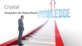  Presentation with knowledge - Presentation design featuring word knowledge and smiling businessman standing against red arrow with steps graphic background and a white colored foreground
