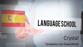  Presentation with language - Presentation design having word language school and man pointing something with his finger against abstract white room background and a light gray colored foreground
