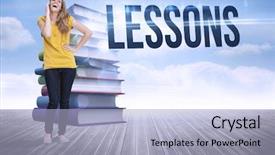  Presentation with stack books - Presentation design consisting of word lessons and beautiful blonde woman laughing on the phone against stack of books against sky background and a light blue colored foreground