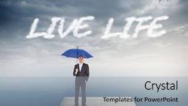  Presentation with live - Amazing PPT theme having word live life and businessman smiling at camera and holding blue umbrella against cloudy sky over ocean backdrop and a light gray colored foreground
