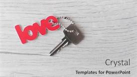  Presentation with red heart key - Audience pleasing PPT theme consisting of word-love-has-red-lettering backdrop and a light gray colored foreground