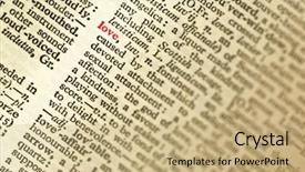  Presentation with dictionary - PPT layouts featuring word love highlighted in the dictionary shallow focus background and a coral colored foreground