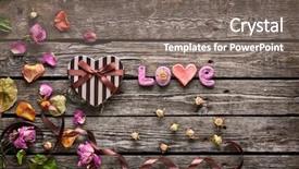  Presentation with heart flowers - Presentation consisting of word love with heart shaped valentines day gift box on old vintage wooden plates sweet holiday background with rose petals and dried rose flowers background and a gray colored foreground