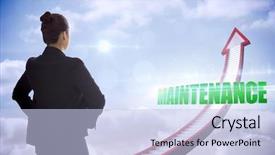  Presentation with maintenance - Audience pleasing slide set consisting of word maintenance and businesswoman with hands on hips against red stairs arrow pointing up against sky backdrop and a light blue colored foreground