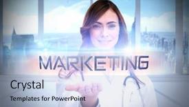  Presentation with digital healthcare - Cool new PPT theme with word marketing and portrait backdrop and a light blue colored foreground