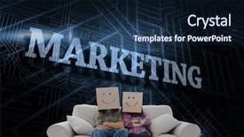  Presentation with marketing - Slide deck having word marketing and silly employees background and a wine colored foreground