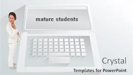  Presentation with students thinking - Colorful theme enhanced with word mature students and thinking businesswoman against white laptop backdrop and a white colored foreground