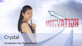  Presentation with motivation - Amazing presentation theme having word motivation and thoughtful businesswoman against red staircase arrow pointing up against sky backdrop and a sky blue colored foreground