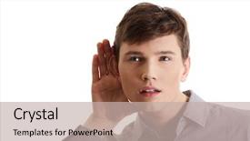  Presentation with listening - Cool new PPT theme with word mouth - young caucasian businessman listening gossip backdrop and a mint green colored foreground