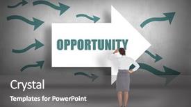  Presentation with opportunity - Presentation theme with word opportunity and businesswoman scratching her head against arrows pointing background and a gray colored foreground