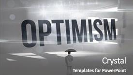  Presentation with classy - Slide deck having word optimism and rear view of classy businessman holding grey umbrella against digitally generated room with bordered up window background and a gray colored foreground