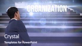  Presentation with organization - Slide deck featuring word organization and unsmiling asian businessman with arms crossed against steps against blue sky background and a ocean colored foreground