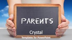  Presentation with black parents - Presentation theme featuring word parents and females hands showing black board against bright blue sky with clouds background and a dark gray colored foreground