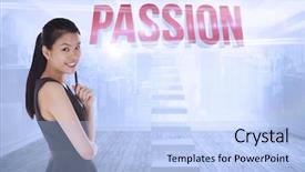  Presentation with passion - Audience pleasing slide deck consisting of word passion and thoughtful businesswoman against city scene in a room backdrop and a light blue colored foreground
