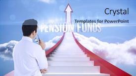  Presentation with pension - Cool new PPT layouts with word pension funds and businessman backdrop and a light blue colored foreground