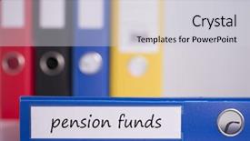  Presentation with pension - PPT theme with word pension funds on blue background and a light gray colored foreground
