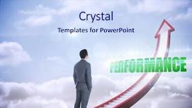  Presentation with performance - Colorful PPT theme enhanced with word performance and businessman standing against red stairs arrow pointing up against sky backdrop and a sky blue colored foreground