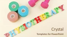  Presentation with physiotherapy - PPT layouts featuring word physiotherapy with elastic bandage and dumb-bells on beige background background and a cream colored foreground