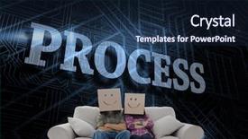  Presentation with process - Colorful PPT theme enhanced with word process and silly employees with arms folded wearing boxes on their heads against futuristic black and blue background backdrop and a wine colored foreground