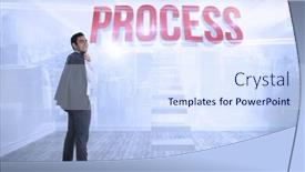  Presentation with process - Presentation design enhanced with word process and smiling businessman standing against city scene in a room background and a sky blue colored foreground