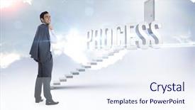  Presentation with steps - Audience pleasing PPT theme consisting of word process and smiling businessman standing against white steps leading to closed door backdrop and a sky blue colored foreground