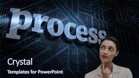  Presentation with process instrumentation - Presentation theme consisting of word process and smiling businesswoman background and a  colored foreground