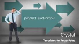  Presentation with promotion - Slide deck featuring word product promotion and thoughtful businessman with hand on head against blue arrows pointing background and a gray colored foreground