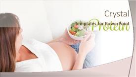  Presentation with protein - Slide set consisting of word protein against charming pregnant woman eating a salad while lying on a sofa background and a cream colored foreground