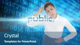  Presentation with binary blue - Colorful presentation design enhanced with word public and worried businesswoman against shiny blue binary code on black background backdrop and a ocean colored foreground