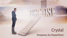  Presentation with purpose - Presentation design featuring word purpose and smiling businessman standing against white steps leading to closed door background and a lemonade colored foreground
