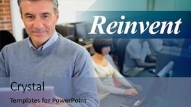  Presentation with teacher - Cool new PPT theme with word reinvent against teacher holding backdrop and a seafoam green colored foreground